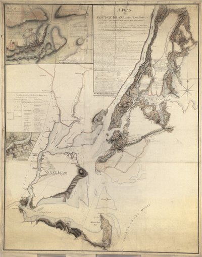 En plan over New York Island og en del av Long Island med det omkringliggende landskapet – så langt som Dobbs#39;s Ferry i nord og White Plains i øst, inkludert elver, øyer, veier osv. av Charles Blaskowitz