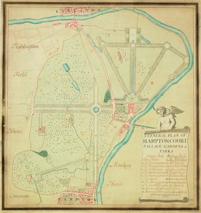 En generell plan for Hampton Court Palace Gardens and Parks, ca. 1713 (penn og blekk og wc på papir) av Charles Bridgeman