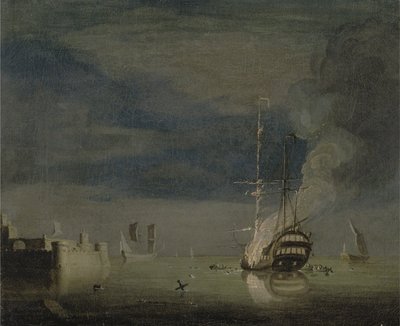 En to-dekker i brann om natten utenfor et fort, ca. 1740 (olje på lerret) av Charles Brooking