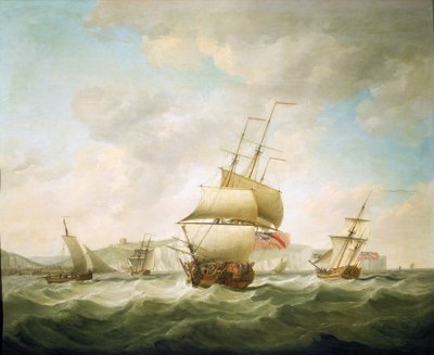 Handelsskip og en kongelig yacht som seilte i vinden, utenfor kysten av Dover (England). Olje på lerret, rundt 1750, av Charles Brooking (1723–1759). av Charles Brooking