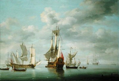 Krigsskip Becalmed (olje på panel) av Charles Brooking