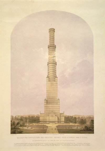 Design for å konvertere Crystal Palace til et 1000 fot høyt tårn, pub. av Ackermann und Co., 1852 av Charles Burton