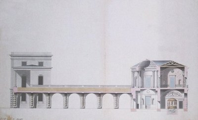 Tverrsnitt av Agate-paviljongen og den hengende hagen ved Tsarskoye Selo, ca. 1780 (penn og blekk med wc på papir) av Charles Cameron