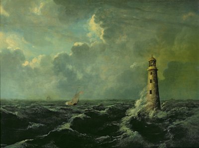 Havlandskap med fyrtårn (olje om bord) av Charles Codman