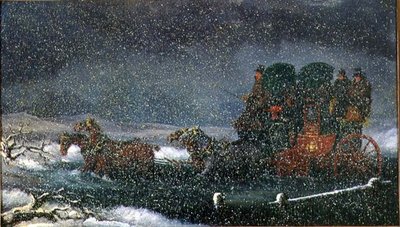 En diligens som kjører en bekk i en snøstorm (olje på lerret) av Charles Cooper Henderson