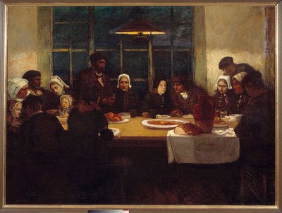 Avskjedsmåltidet i havets land Breton-familien samlet rundt et bord. Sentralpanel av en triptyqye av Charles Cottet (1863-1924). 1898 Søn. 1,76x2,37 m Paris, musee d