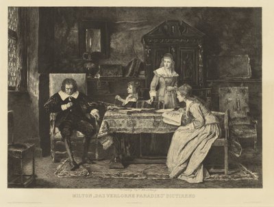 Milton, som sitter i en lenestol, dikterer paradiset sitt tapt for en av døtrene hans. I den r.r.h. Munkacsy i 1878. I margen: Ch. Courty d
