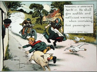 Advarsel om tilnærming. Kunst. IV.(5) Han skal gi hørbar og tilstrekkelig advarsel...ved forbikjøring av fotpassasjerer, fra en bok med trafikkregler, utgitt ca. 1905 (farge litho) av Charles Crombie