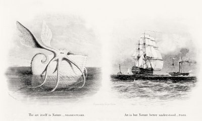 En gigantisk blekksprut og to skip til sjøs, gravert av George Cooke (1781-1834) av Charles Curtis