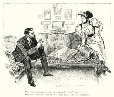 Menn er helter - mindre enn halvparten er ungkarer (litho) av Charles Dana Gibson