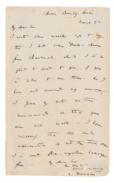 Autografbrev signert av Charles Darwin