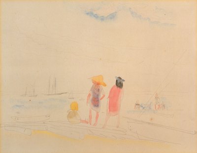 To kvinner og barn på stranden (wc og blyant på papir) av Charles Demuth