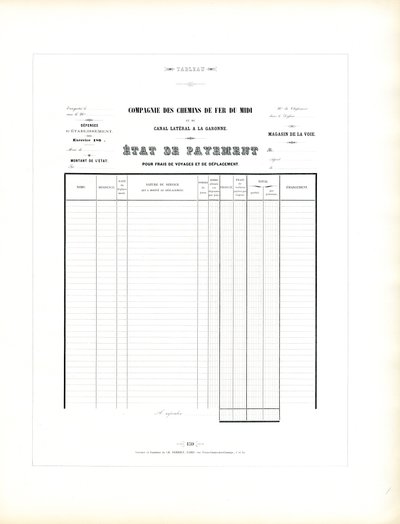 Jernbaneselskapets skjema for reiseregning (trykt) av Charles Derriey