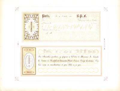 Eksempelskjemaer for gjeldsbrev i gule og rosa toner (trykt) av Charles Derriey