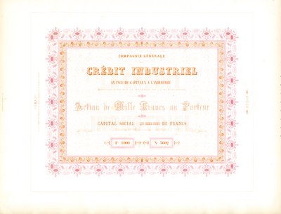 Aksjebevis quot;Industriell kredittquot; (trykt) av Charles Derriey