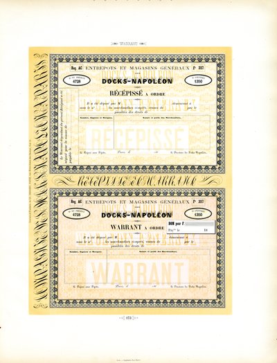 Lagerkvitteringer for Docks-Napoléon med dekorative kantdekorasjoner (trykt) av Charles Derriey