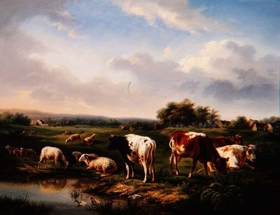 Storfe og sauer i et landskap (en av et par) av Charles Desan