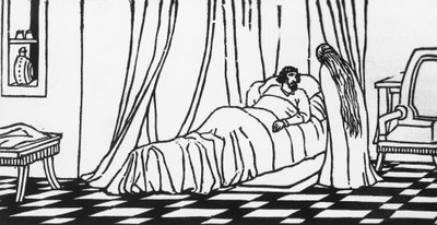 Melisande på besøk hos Golaud, som ligger i sengen etter å ha falt fra hesten, tresnitt av Charles Doudelet (1861-1938) for Pelleas og Melisande av Maurice Maeterlinck (1862-1949), utgitt av Claudio Argentieri, Spoleto, Italia av Charles Doudelet