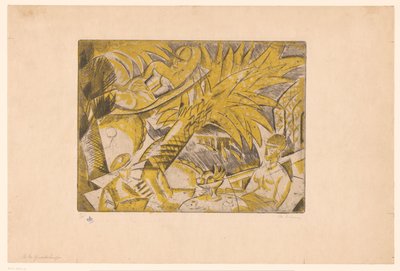 Solende figurer under en palmetre A la Guadeloupe (tittel på objekt) av Charles Dufresne (signed by artist)