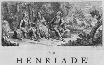 Frontispice-illustrasjon av 'La Henriade' av Voltaire (1694-1778) 1728 av Charles Dupuis