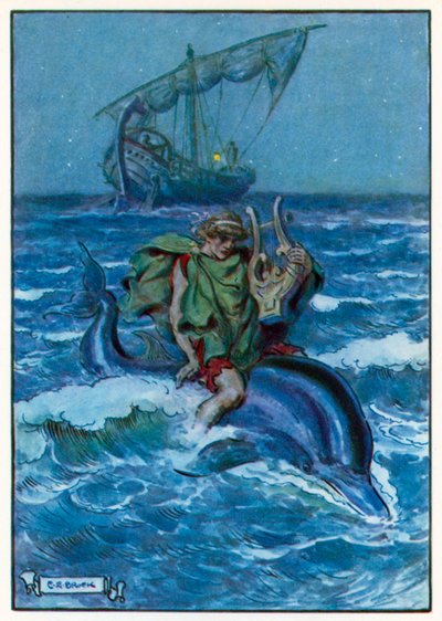 Han oppdaget at han satt på en stor, svart fisk (fargelitografi) av Charles Edmund (after) Brock