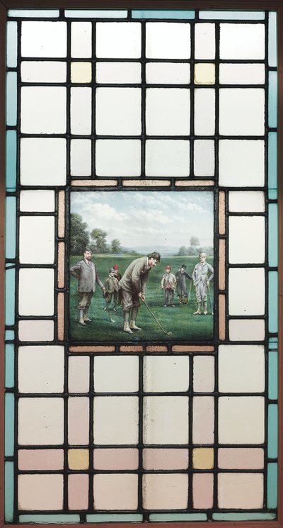 Et sent viktoriansk blyglassvindu med golfspillerne, ca. 1890 av Charles Edmund Brock