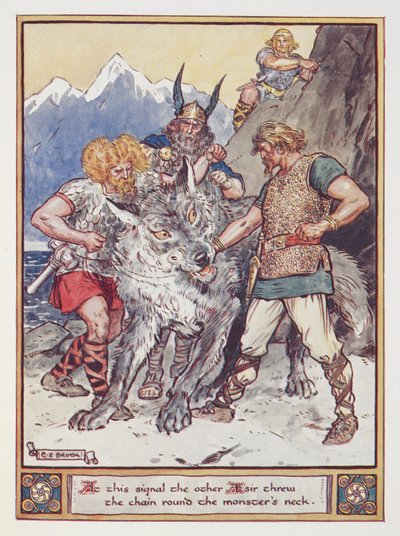 «På dette signalet kastet den andre esiren lenken rundt halsen på monsteret. Tyr lover hånden sin for å lenke ulven Fenrir
