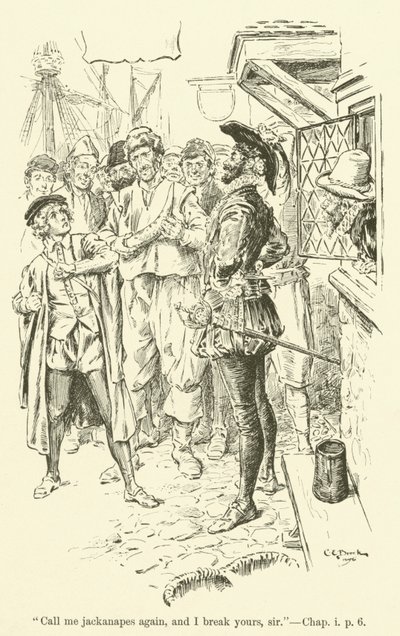 Illustrasjon for Westward Ho! av Charles Kingsley (gravering) av Charles Edmund Brock