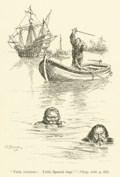 Illustrasjon for Westward Ho! av Charles Kingsley (gravering) av Charles Edmund Brock