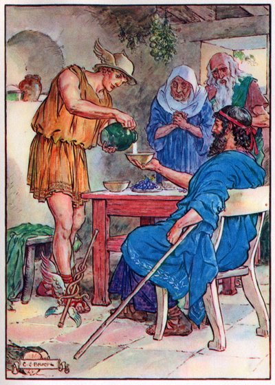 Jupiter og Merkur i huset til Philemon og Baucis, fra 'The Children's Hour: Stories from the Classics', utgitt av Waverley Book Company av Charles Edmund Brock