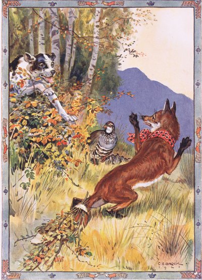 Ut av buskene sprang hunden, scene fra The Story of the Partidge, the Fox and the Hound i Children's Stories from Rumenian Legends av Moses Gaster (1856-1939) 1921 av Charles Edmund Brock