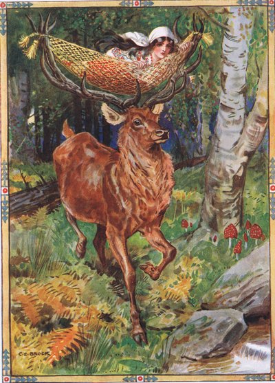 Hjorten med silkehengekøyen fra Barnehistorier fra rumenske legender av Moses Gaster (1856-1939) 1921 av Charles Edmund Brock