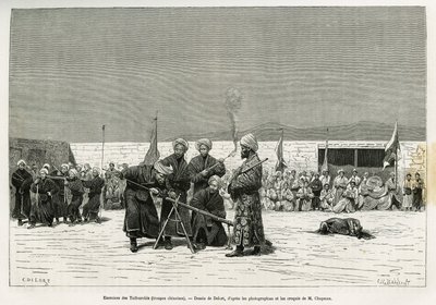 Øvelser for å manipulere Taifourchi bolverksrifler, tropper bevæpnet og trent av det kinesiske militæret, tegning av Delort, for å illustrere minnene fra en engelsk ambassade i Kachgar (eller Kashi, Kina) i 1873-74, av Mr. Chapman og Gordon. Gravering i Le av Charles Edouard Delort