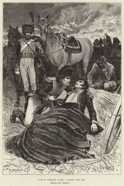 Mort du Marechal Lannes a Essling; Napoleon og den døende marskalken Lannes i slaget ved Aspern-Essling, Østerrike av Charles Edouard Delort