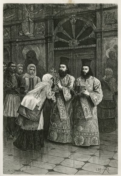 Pritres gir et kyss til de hellige bildene, gravert av Ch. Delort, for å illustrere Henri Belles reise til Hellas i 1861, 1868 og 1874, publisert i tour du monde, under ledelse av Edouard Charton av Charles Edouard Delort