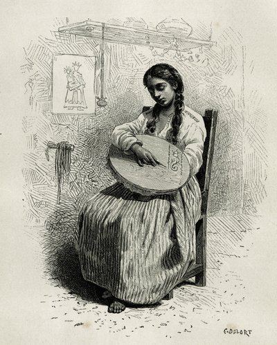 Brodereren, i Salento, regionen Quindio (Colombia), gravering av Ch.Delort, for å illustrere historien om America Equinoxiale av E.Andre, misjonsoppdrag fra den franske regjeringen, publisert i tour du monde, under ledelse av Edouard Charto av Charles Edouard Delort