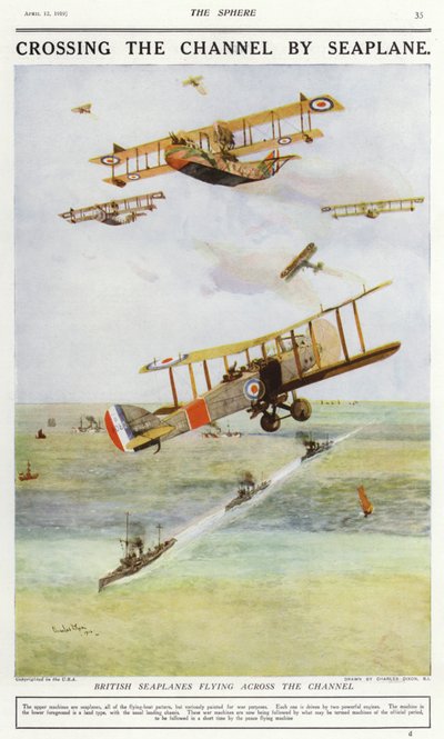 Britiske sjøfly som flyr over Den engelske kanal (farge litho) av Charles Edward (after) Dixon