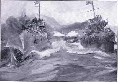 En kamp mellom destroyere, illustrasjon fra Cassells History of the Russo-Japanese War Vol 1, ca. 1900 av Charles Edward Dixon