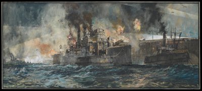 HMS #39;Vindictive#39; ved siden av Mole, Zeebrugge, 23. april 1918 av Charles Edward Dixon