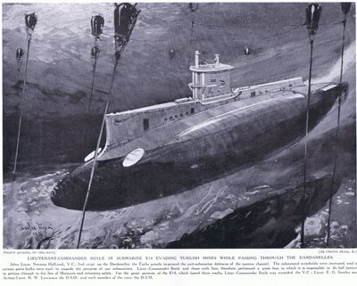 Kommandørløytnant Boyle tildelt VC for å ha unngått tyrkiske miner i ubåten hans mens han passerte gjennom Dardanellene 1915 av Charles Edward Dixon