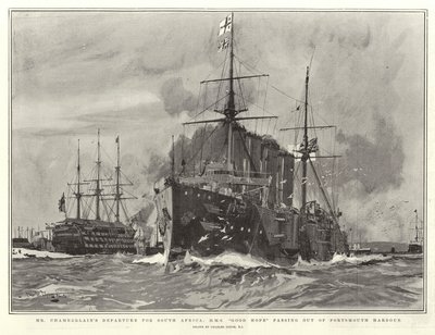Mr Chamberlains avgang til Sør-Afrika, H M S Good Hope passerer ut av Portsmouth havn av Charles Edward Dixon