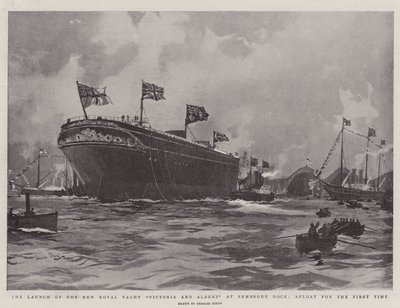 Lanseringen av den nye kongelige yachten Victoria og Albert ved Pembroke Dock, flytende for første gang av Charles Edward Dixon