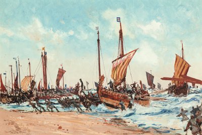 Landingen av Vilhelm Erobreren ved Hastings, 28. september 1066 av Charles Edward Dixon