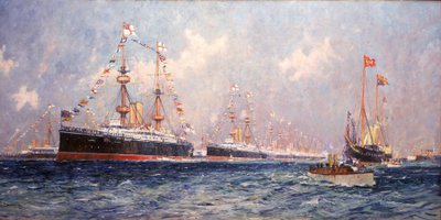 Magasinet under dronning Victorias diamantjubileum (1819–1901) i Spithead (England), 26. juni 1897 av Charles Edward Dixon