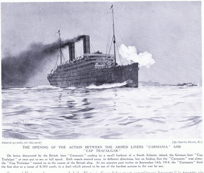 Åpningsaksjonen mellom de væpnede linjeskipene Carmania og Cap Trafalgar, Sør-Atlanteren, september 1915 av Charles Edward Dixon