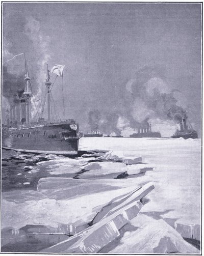 Vladivostok-skvadronen tvinger seg gjennom isen ut av Vladivostok havn, illustrasjon fra Cassells History of the Russo-Japanese War Vol 1, ca. 1900 av Charles Edward Dixon