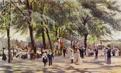 London Zoo: Broad Walk, med elefanter (farge litho) av Charles Edwin Flower