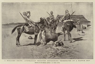 En velkomstdrink, australske troopers som forfrisker seg på en Kaffir Hut av Charles Edwin Fripp