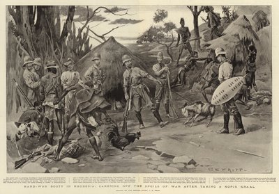 Hardt vunnet krigsbytte i Rhodesia, bærer av krigsbyttet etter å ha tatt en Kopje Kraal av Charles Edwin Fripp