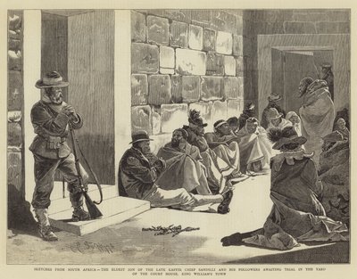 Skisser fra Sør-Afrika, den eldste sønnen til den avdøde kaffirhøvdingen Sandilli og hans tilhengere som venter på rettssak i gården til rettshuset, King William's Town av Charles Edwin Fripp